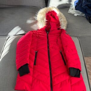 Nautica Vibrant Red Hooded Puffer Coat with Faux Fur Trim